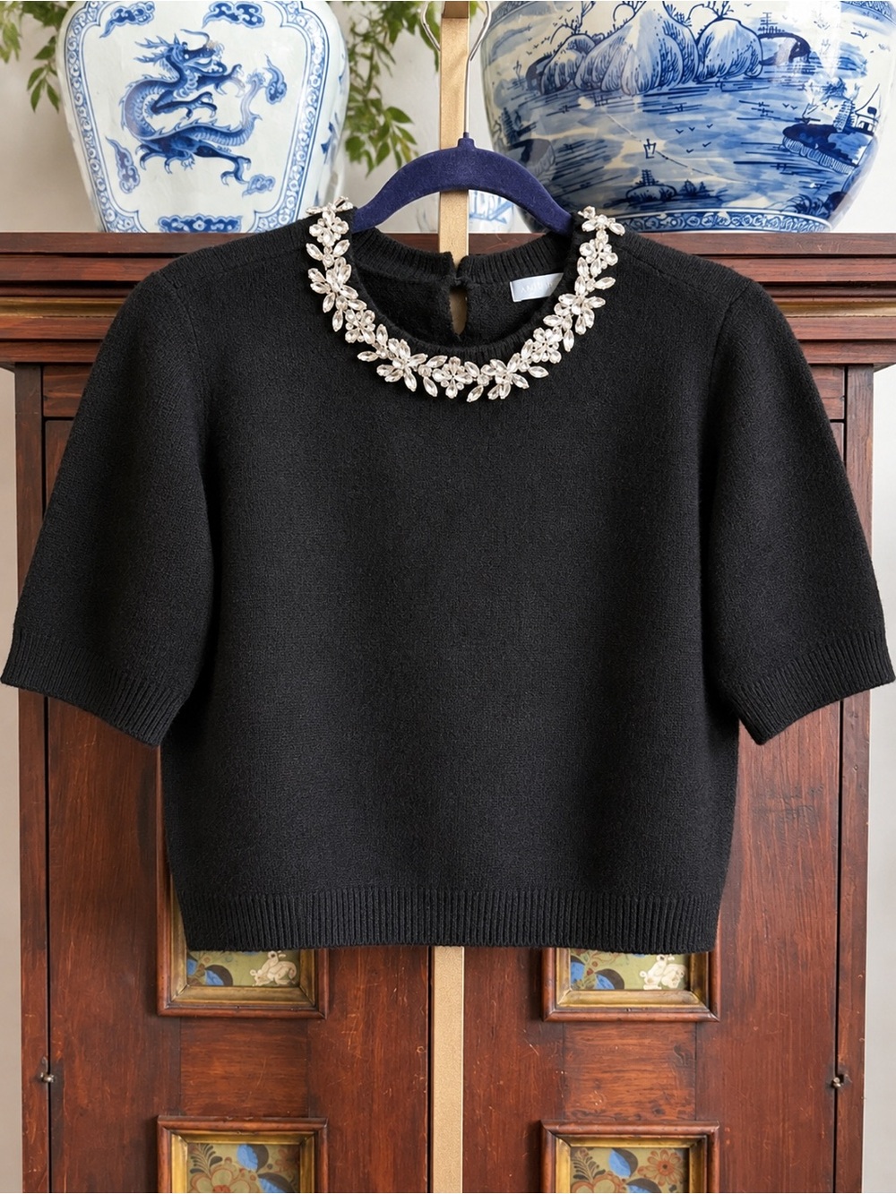 Antonio Melani Kortney Jeweled Crew Neck Short Sleeve Sweater Black Sz M NWT